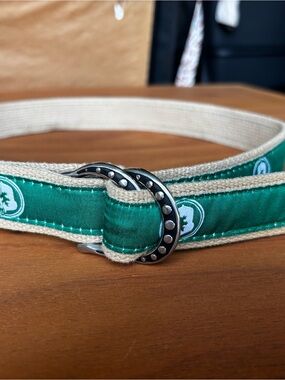 VTG RARE Equestrian Ribbon Belt Green Jeremiah Watt Horse Shoe Brand Buckle M
